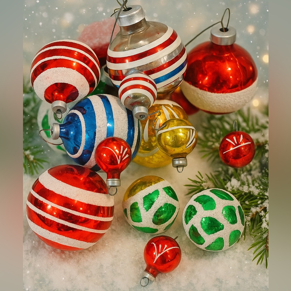 Beautiful vintage hand-painted glass Christmas ornaments from the 1960s–1980s.